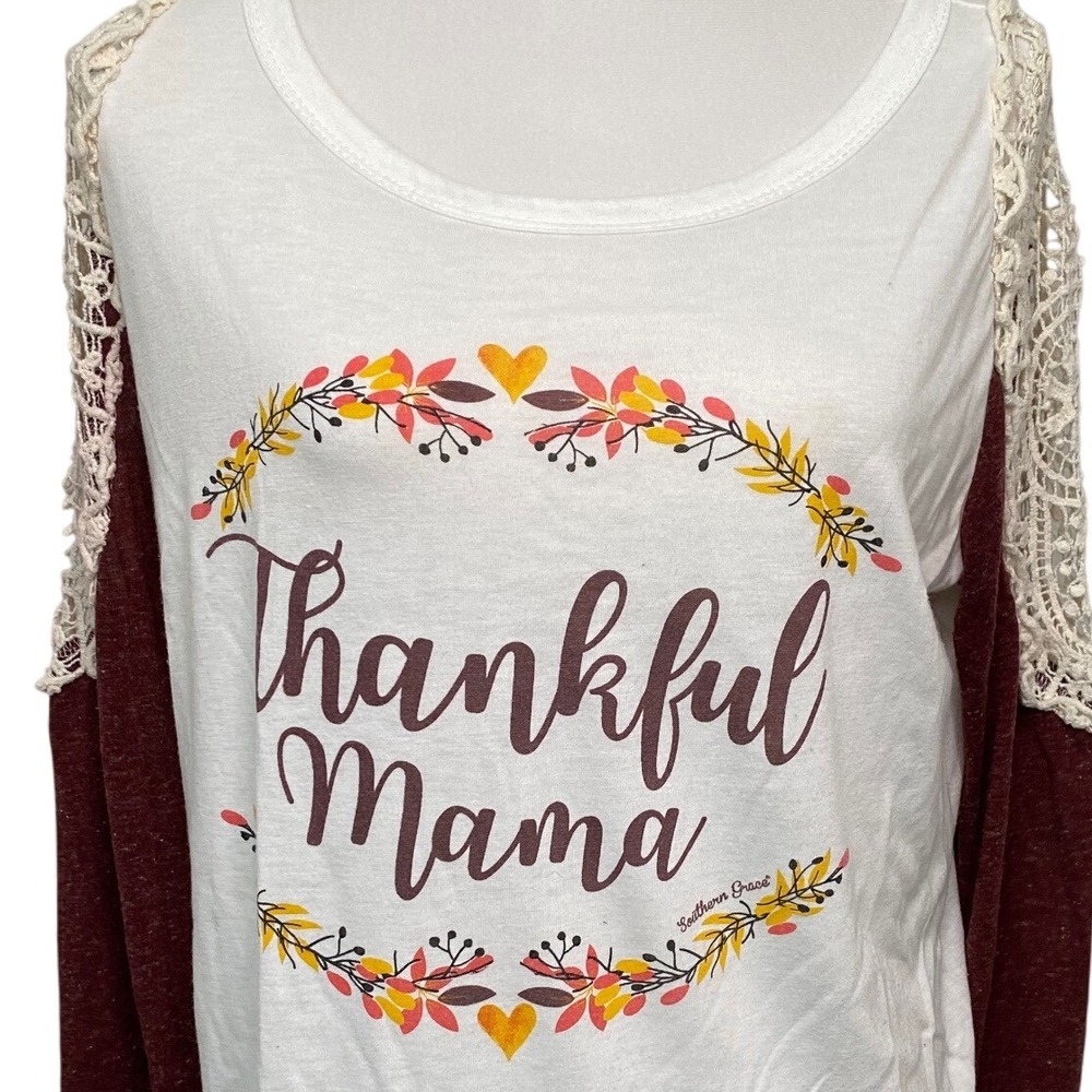 Southern Grace Thankful Mama Thanksgiving Fall Burgundy Lace Sleeve Top Size L